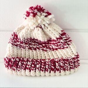Hand Knit Girls Striped Maroon and Off White Winter Beanie Hat